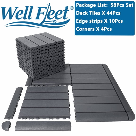 Well Fleet 58 Pcs Interlocking Plastic Deck Tiles , 12"x12" High Quality All-Weather Patio Tiles For Porch, Poolside, Balcony, Backyard Pathway - Durable PP Material, Easy Installation Low Maintenan