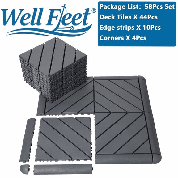 Well Fleet 58Pack Plastic Interlocking Deck Tiles, 12" X 12" Texture Plastic Interlocking Deck Tiles, Indoor/Outdoor Durable Plastic Flooring For Patios, Walkways, Pool Edges, Balconies