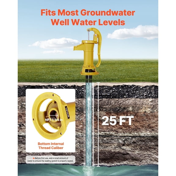 Well Hand Pitcher Pump,25 ft Maximum Lift,Antique Cast Iron Manual Hand Water Pump,NPT 1-1/4 in Connection,Easy Installation,Old Fashioned for Outdoor Garden,Pond,Backyard,Farm,Yellow