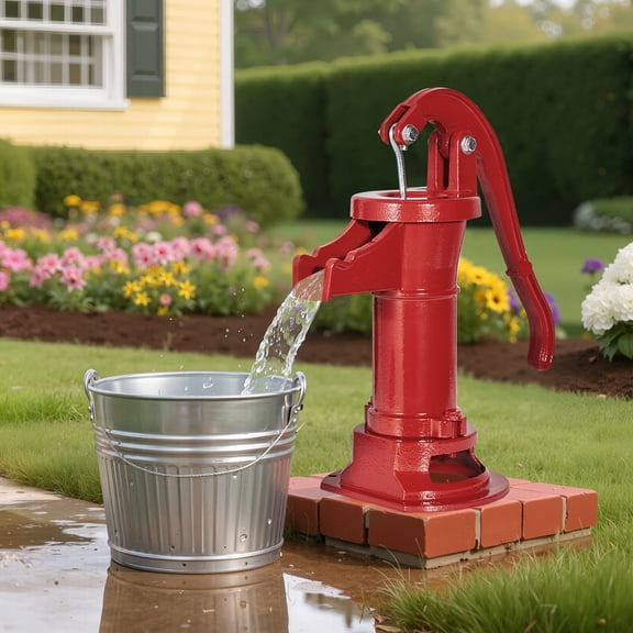Well Hand Pitcher Pump, 25 ft Maximum Lift, Antique Cast Iron Manual Hand Water Pump, NPT 1-1/4 in Connection, Easy Installation, Old Fashioned for Outdoor Garden, Pond, Backyard, Farm, Red