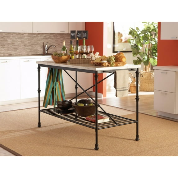 Well-Made Metal Kitchen Cart With Faux Marble Top, Black