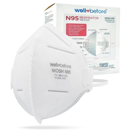 Well Before N95 Mask - NIOSH Approved (White, Pack of 20), Lightweight design, Breathable and comfortable for long periods of wear, N95 Masks For Adults helps filter Pollen and Dust, Universal Fit