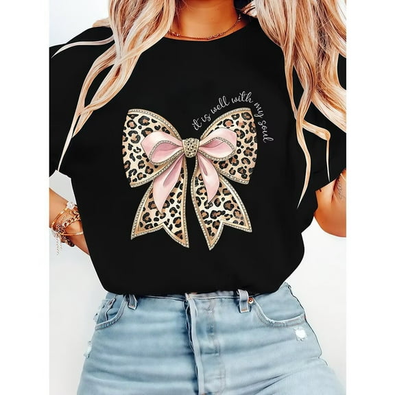 It Is Well With My Soul Print Tshirts Pink Leopard Coquette Bow Graphic Tees Bible Verse Religious Casual Short Sleeve Tops Christian Cotton Shirts Black,2XL