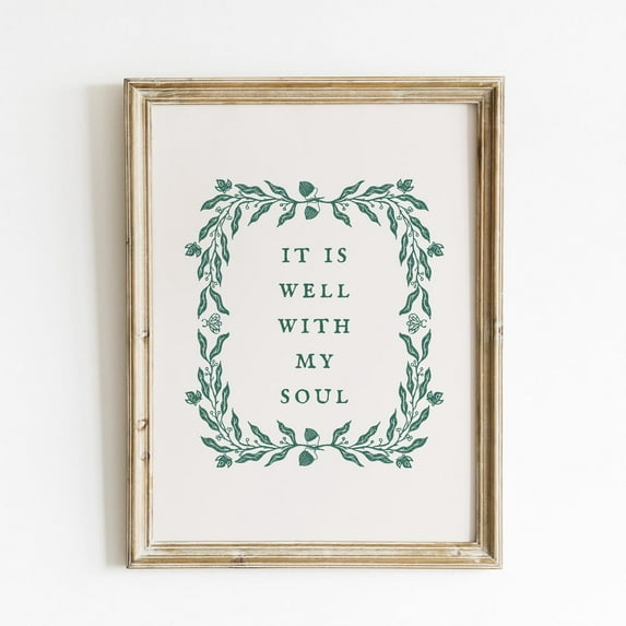 It Is Well With My Soul Wall Art Print, Blue Botanical Christian Quote Decor, Inspirational Farmhouse Artwork, Rustic Vintage Typography Wall Art, Modern Wall Decor, 8x12 UNFRAMED
