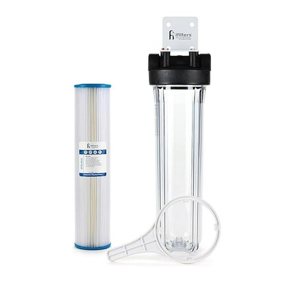 Well Water Whole House Sediment & Rust Complete Filtration System, Pleated Washable filter, 20" Clear Housing 1" Ports
