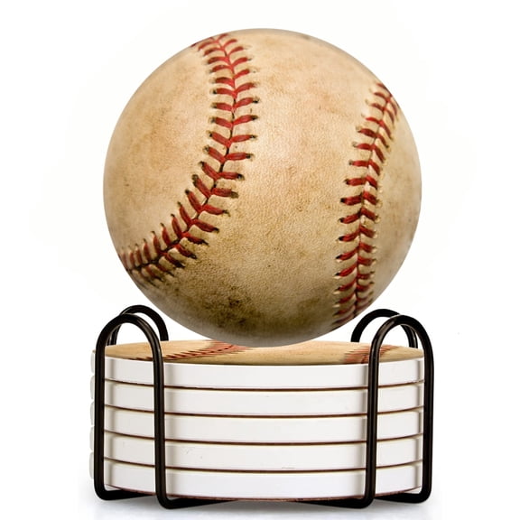 Well-Worn Baseball Set of 6 Ceramic Coasters with Holder, Absorbent Drink Bar Coasters, Table Coasters for Living Room Decor Tabletop Protection