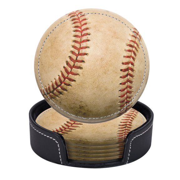 PU Leather Coasters for Drinks Bar Beer,Set of 6 with Holder,Round Housewarming Gift,Well-Worn Baseball