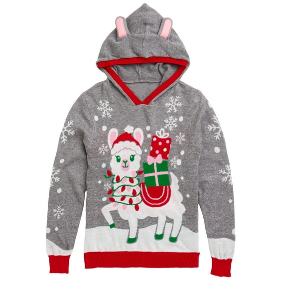 Well Worn - Fa La La Llama Hood - Youth Girls - Funny Ugly Christmas Sweater
