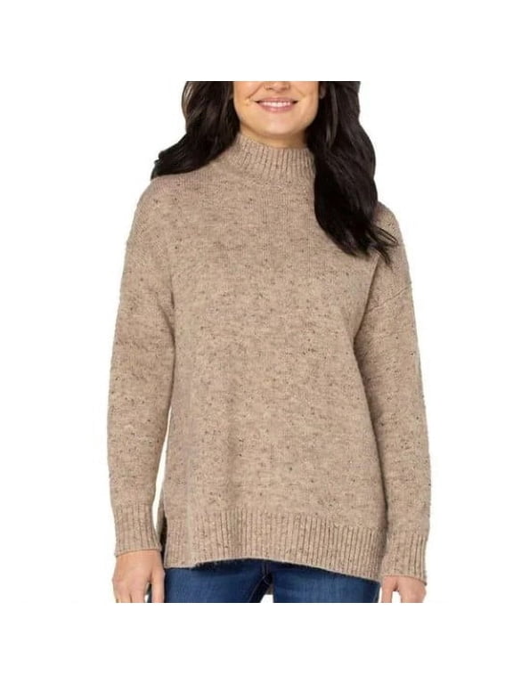 Ladies' Size Medium Mock Neck Hi-Low Nep Yarn Sweater, Tan