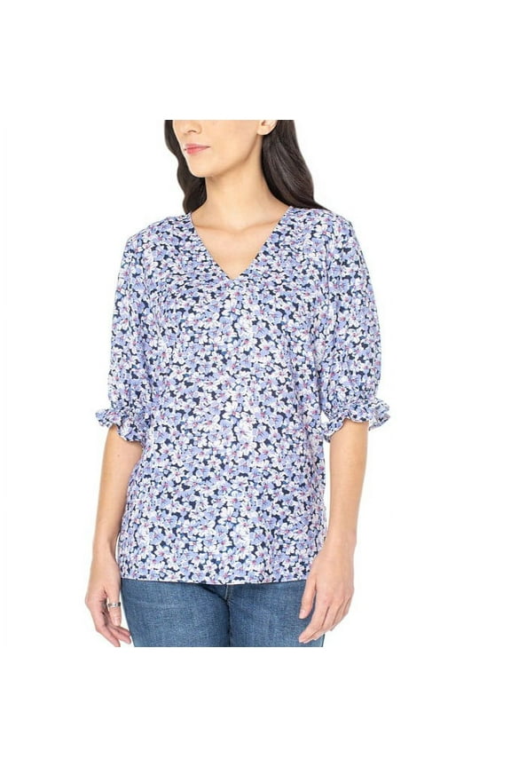 Ladies' Size Medium V-Neck Blouse, Blue Print