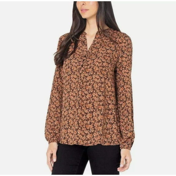 Well Worn Women's Size Small (4-6), Split Neck Long Sleeve Blouse, Brown Floral
