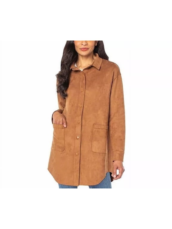 Women Suede Oversized Snap Shirt Jacket (Brown, XS)
