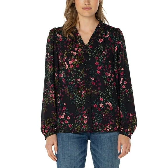 Well Worn Women's Floral Print Ruffle Neck Lightweight Button Front Blouse-Black / L