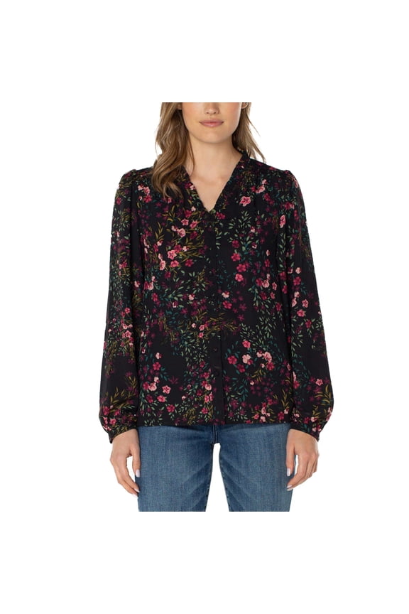 Women's Floral Print Ruffle Neck Lightweight Button Front Blouse-Black / XXL