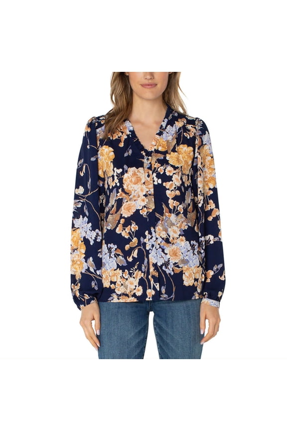 Women's Floral Print Ruffle Neck Lightweight Button Front Blouse-Navy / 3X