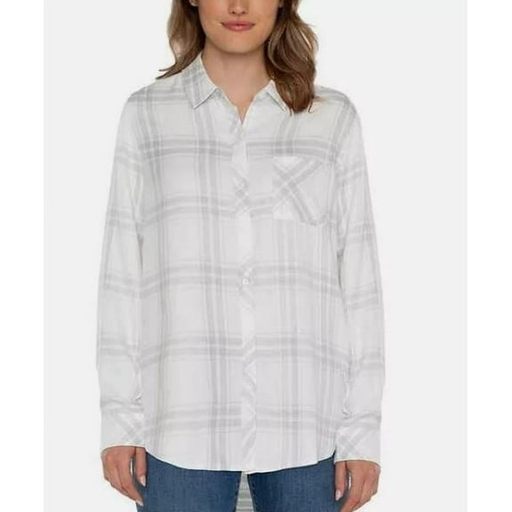 Well Worn Women's' Long Sleeve Classic Plaid Button-Up Shirt-White / M