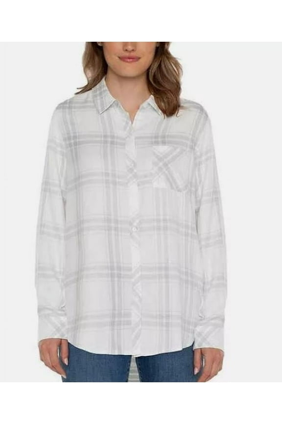Women's' Long Sleeve Classic Plaid Button-Up Shirt-White / XL