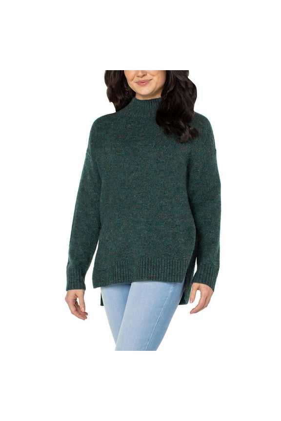 Women's Mock Neck High Low Hem Cozy Soft Nep Yarn Sweater-Green / 2X