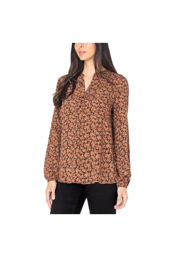 Women's Floral Print Split Neck Long Sleeve Blouse (Brown, M)