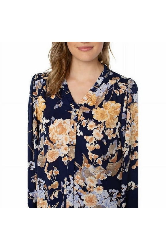 Womens Ruffle Neck Blouse Floral Navy Medium