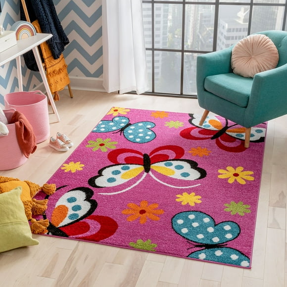 Well Woven 09304 Daisy Butterflies Kids Rug, Pink - 3 ft. 3 in. x 5 ft.
