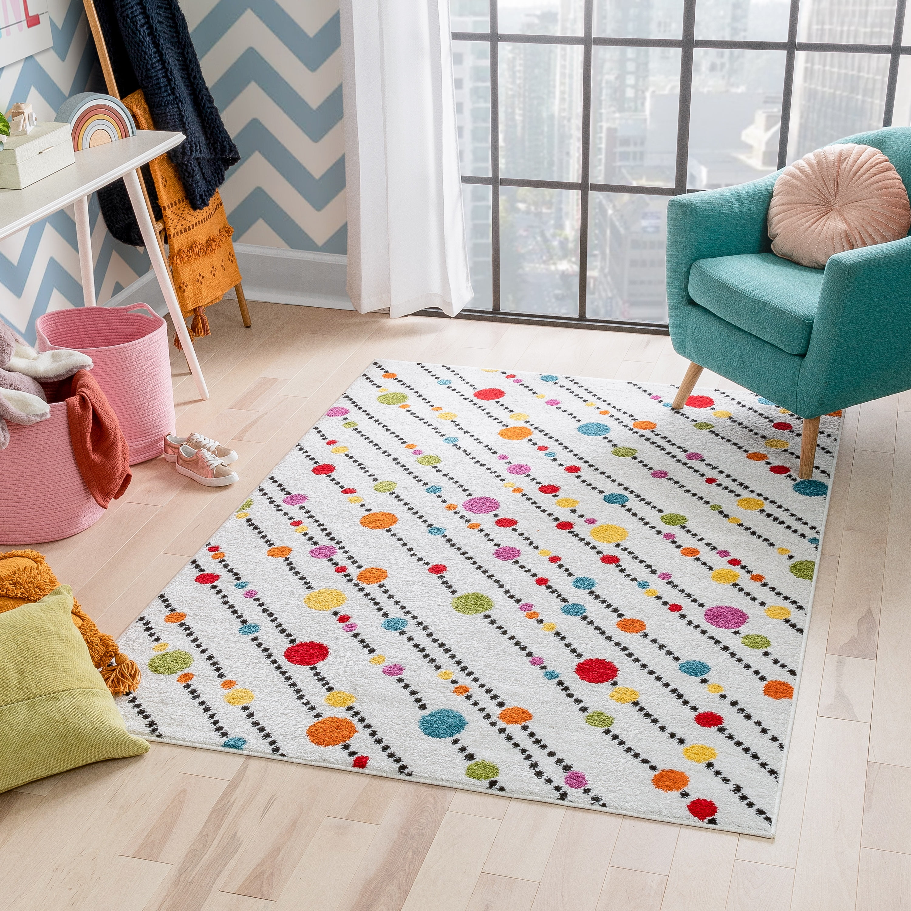 Well Woven StarBright Dandy Dots And Stripes Modern Geometric Kids Rug White 3'3" x 5' Area Rug