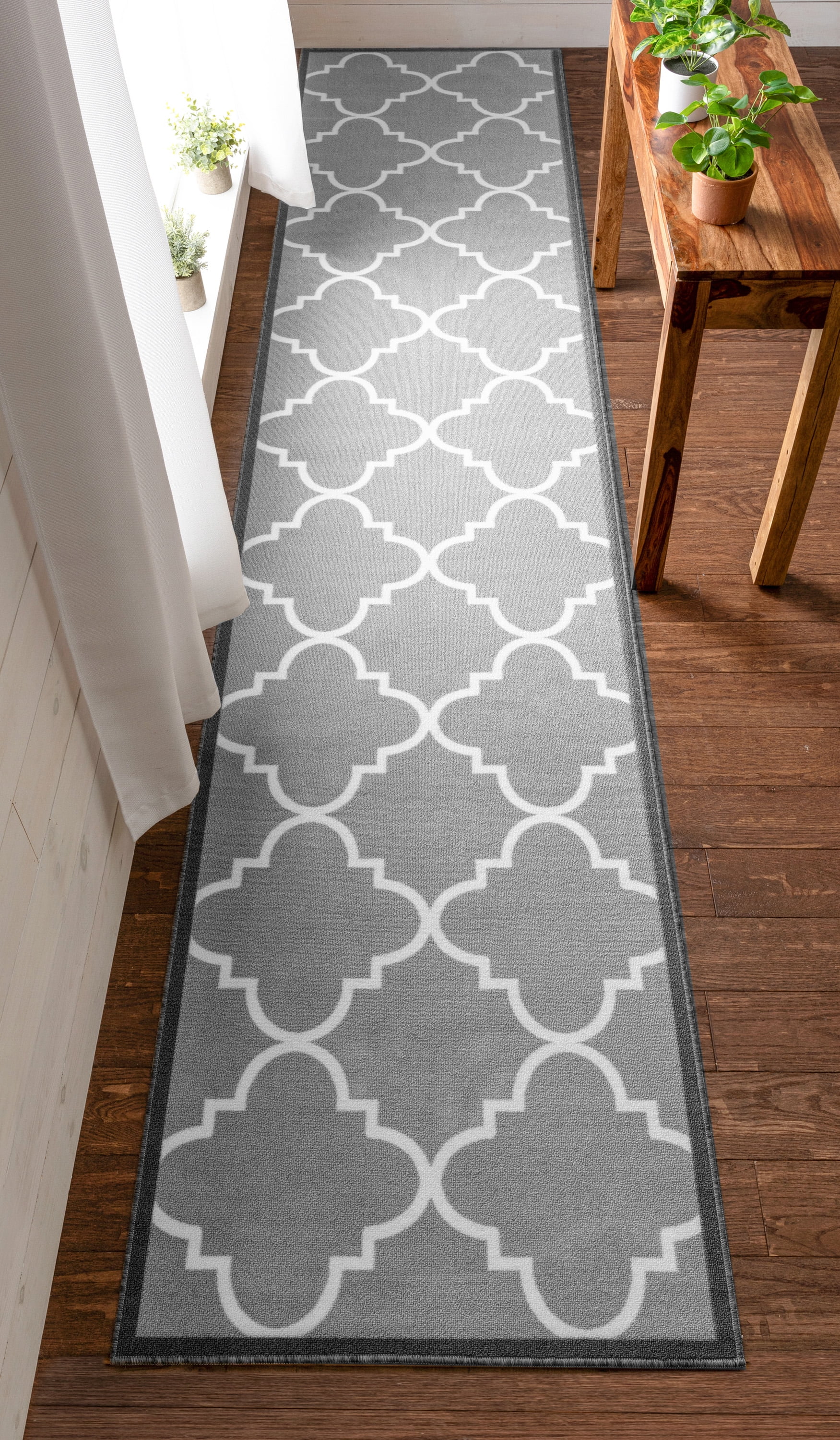 Well Woven 2' x 7' Runner Non-Slip Moroccan Trellis Low Grey Rug