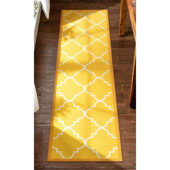 Well Woven 2' x 7' Runner Non-Slip Moroccan Trellis Low Yellow Rug