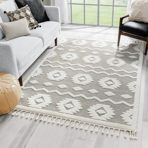 Well Woven Abigayl Beige Tribal Ethnic High-Lo Textured Diamond Medallion Area Rug 5x7 (5'3" x 7'3")