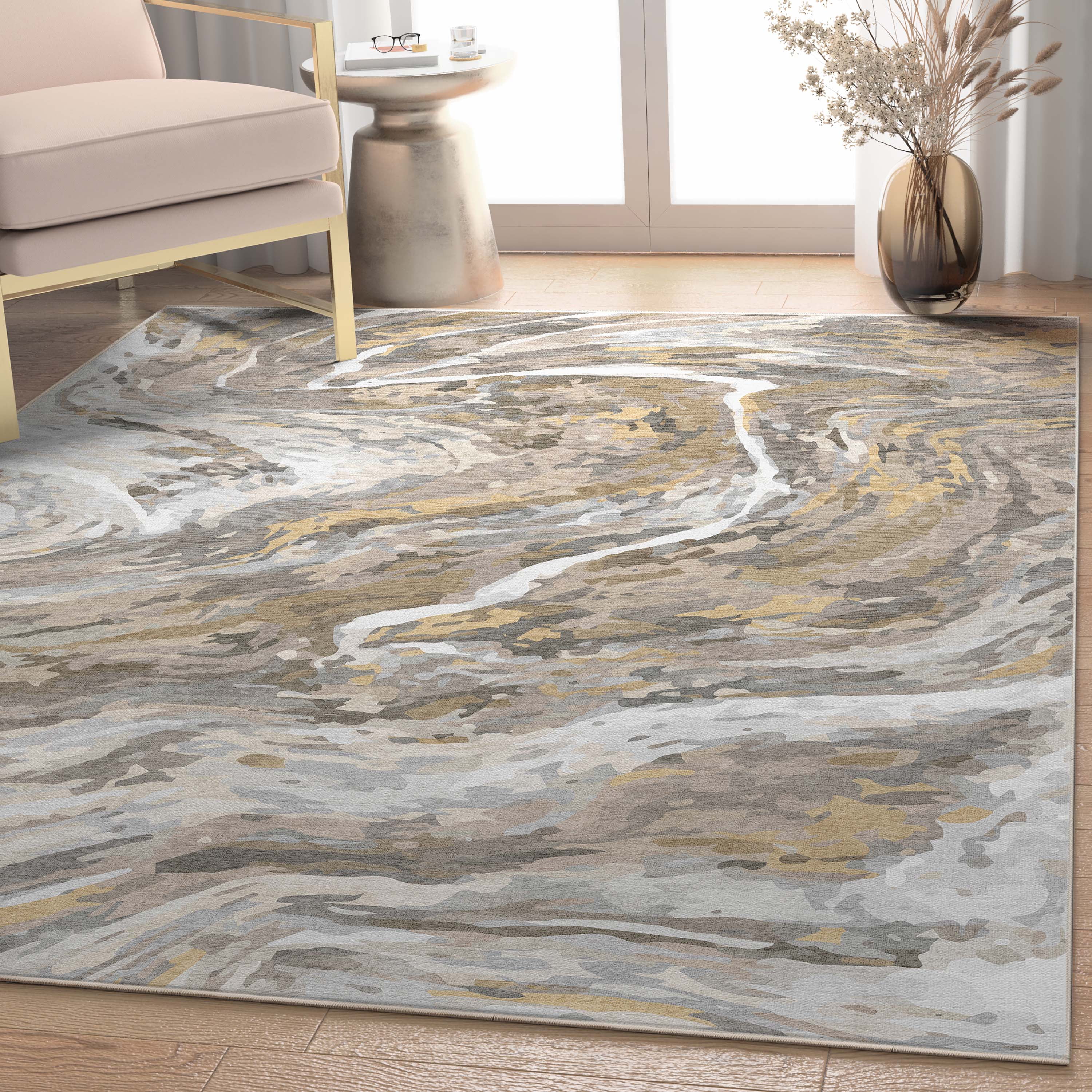 Well Woven Abstract Dunes Modern Retro Marble Flat-Weave Beige Gold 7'7" x 9'10" Area Rug