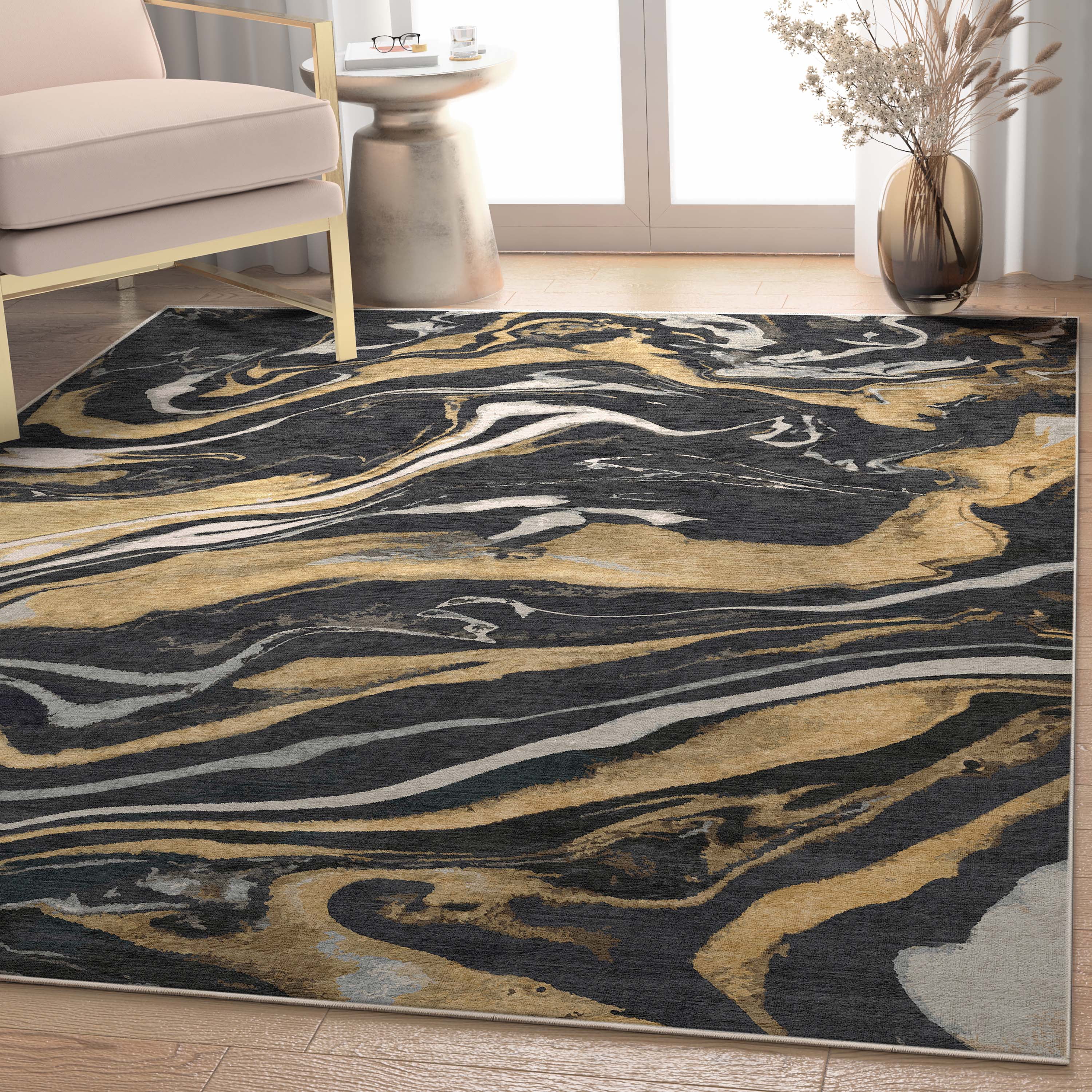Well Woven Abstract Dunes Modern Retro Marble Flat-Weave Black Gold 5'3" x 7'3" Area Rug