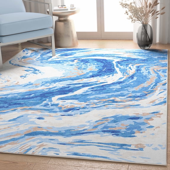 Well Woven Abstract Dunes Modern Retro Marble Flat-Weave Blue 7'7" x 9'10" Area Rug