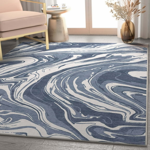 Well Woven Abstract Harmony Modern Stripes Pattern Blue Flat-Weave Easy to Clean 5'3" x 7'3" Area Rug