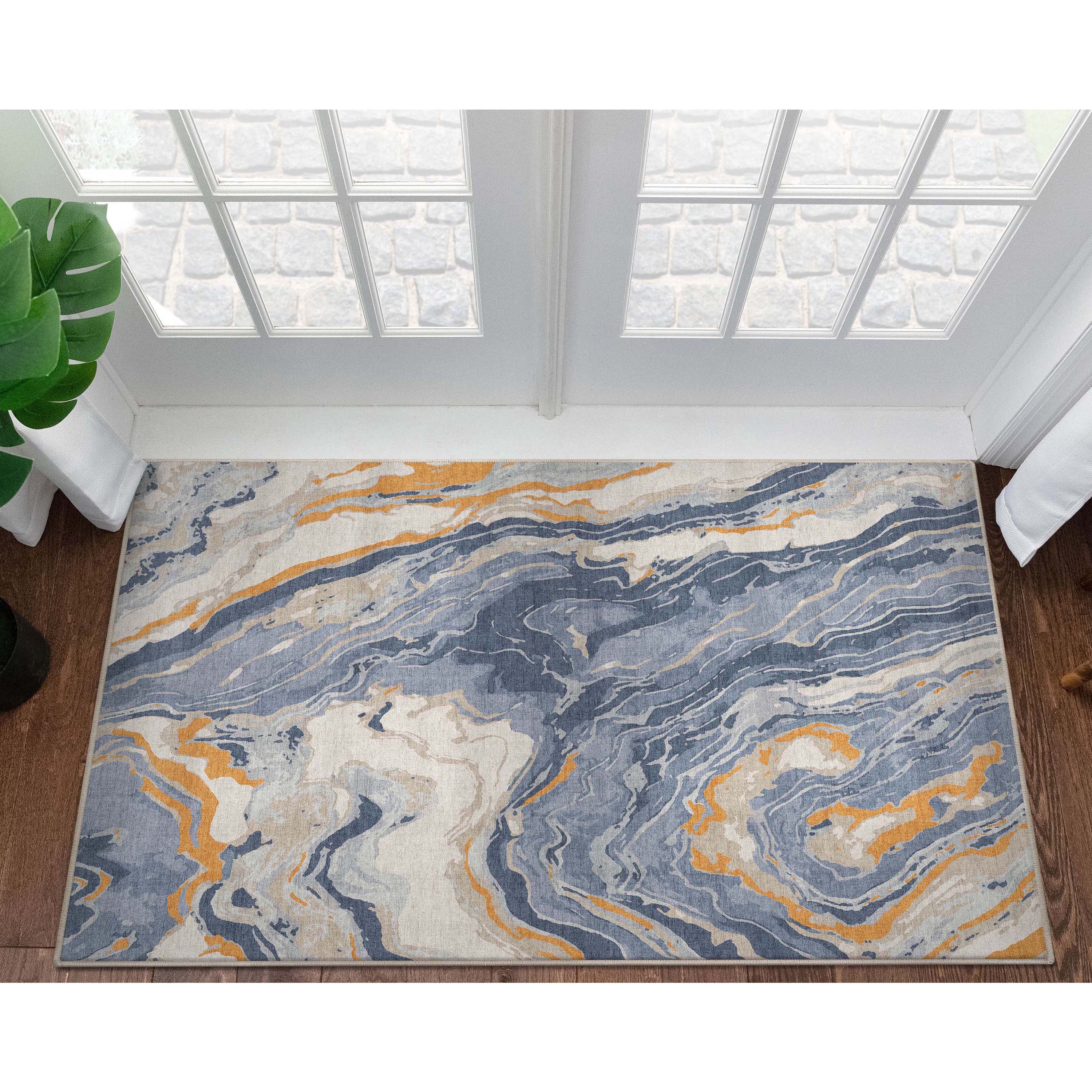 Well Woven Abstract Harmony Modern Stripes Pattern Blue Gold Flat-Weave Easy to Clean 3'3" x 5' Area Rug