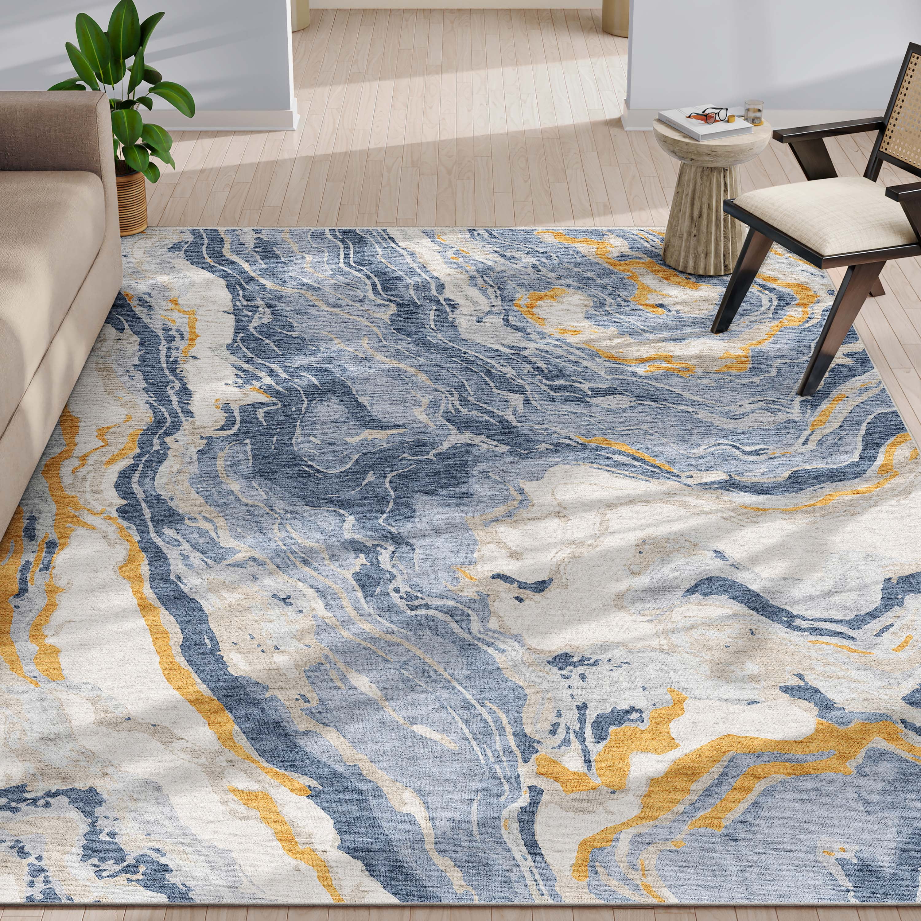 Well Woven Abstract Harmony Modern Stripes Pattern Blue Gold Flat-Weave Easy to Clean 7'7" x 9'10" Area Rug