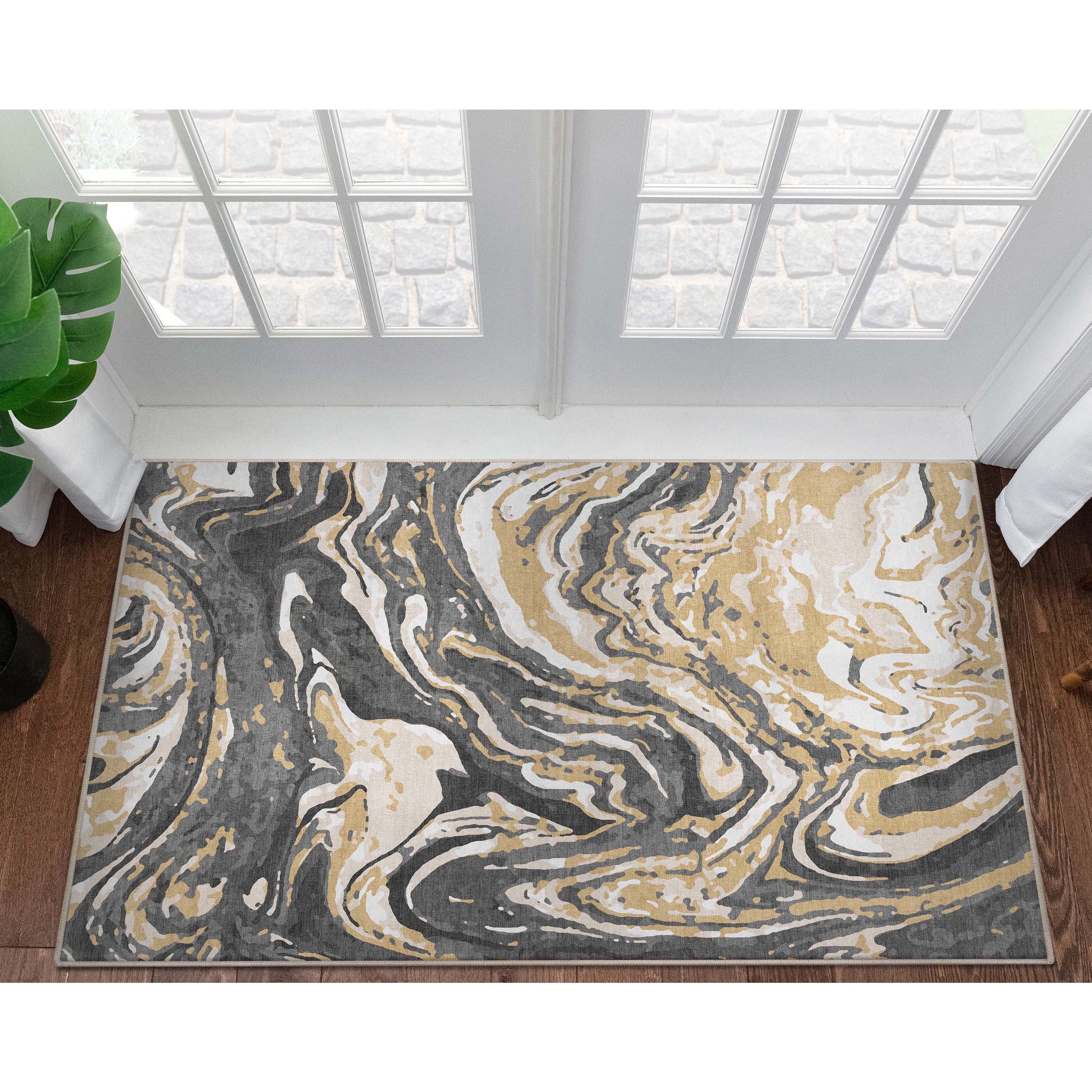 Gold Brown Abstract Marble Pattern Rectangular Chenille Area Rug