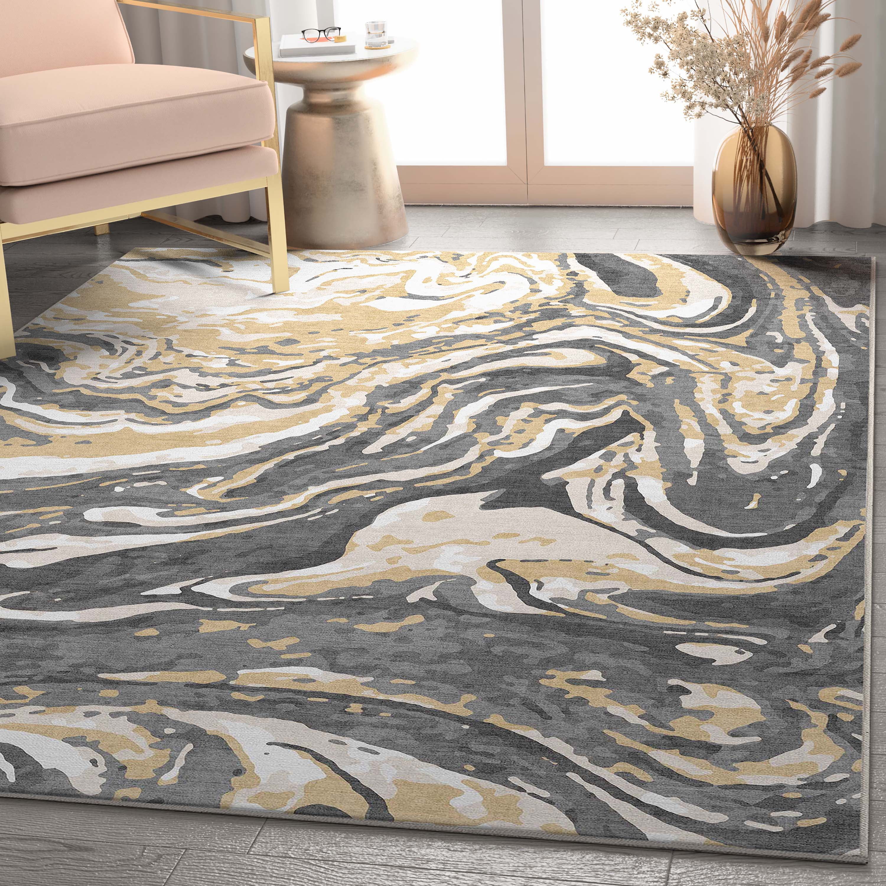 Well Woven Abstract Harmony Modern Stripes Pattern Gold Brown Flat-Weave Easy to Clean 5'3" x 7'3" Area Rug