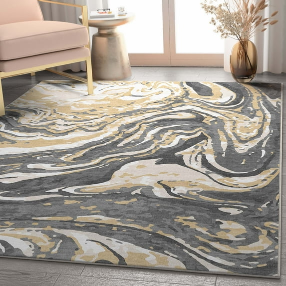 Well Woven Abstract Harmony Modern Stripes Pattern Gold Brown Flat-Weave Easy to Clean 5'3" x 7'3" Area Rug