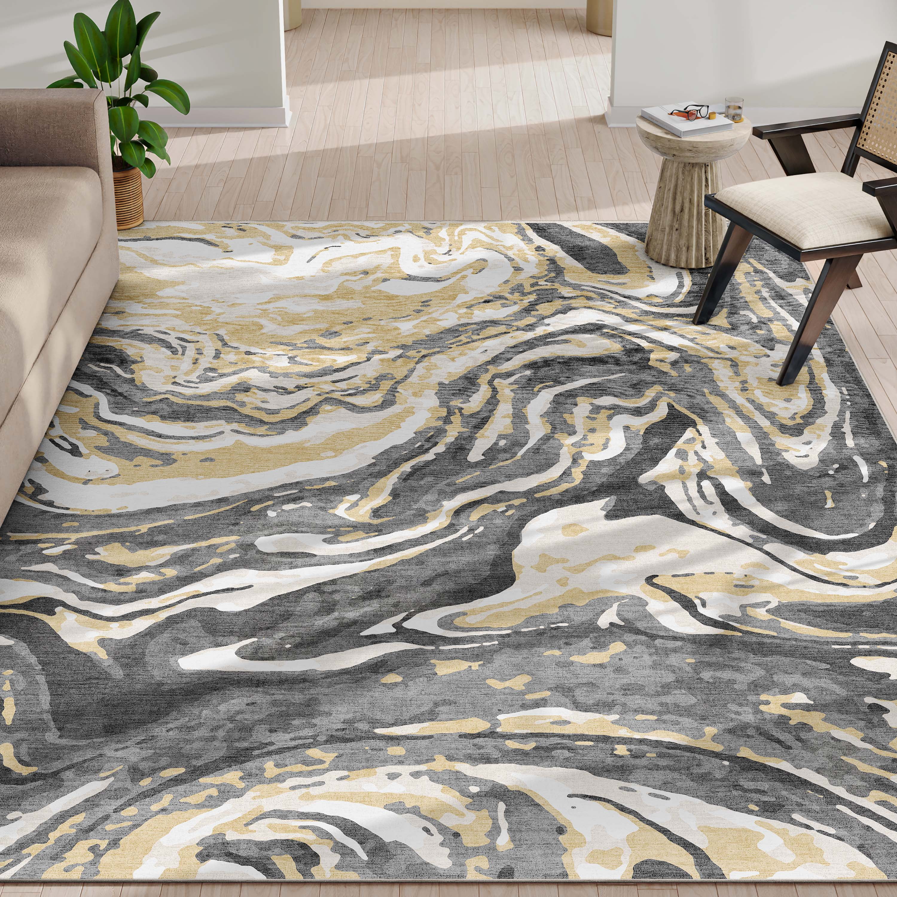 Well Woven Abstract Harmony Modern Stripes Pattern Gold Brown Flat-Weave Easy to Clean 7'7" x 9'10" Area Rug