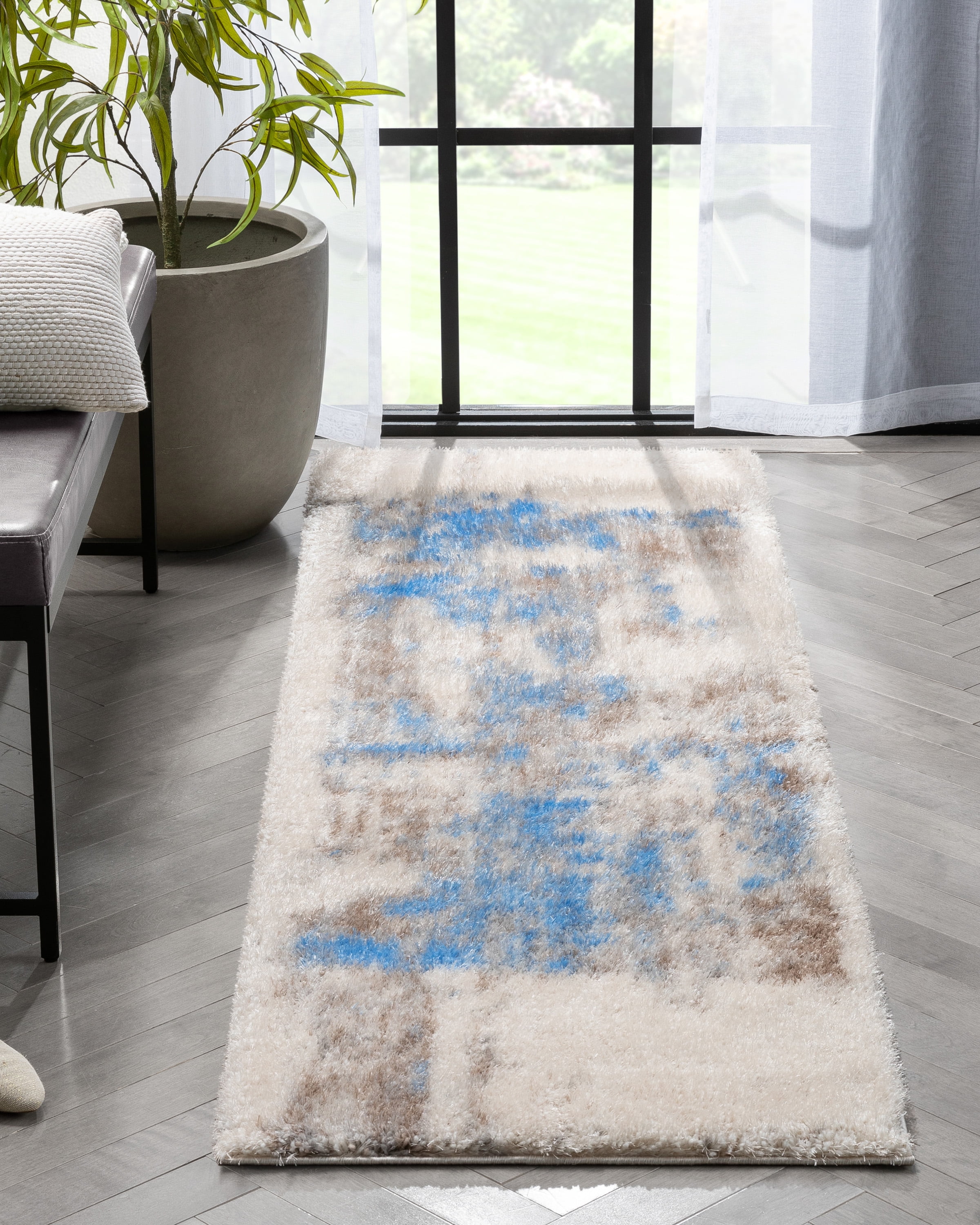 Well Woven Canyon Sariah Glam Shag Abstract Ivory Blue 2'3" x 7'3" Runner Rug