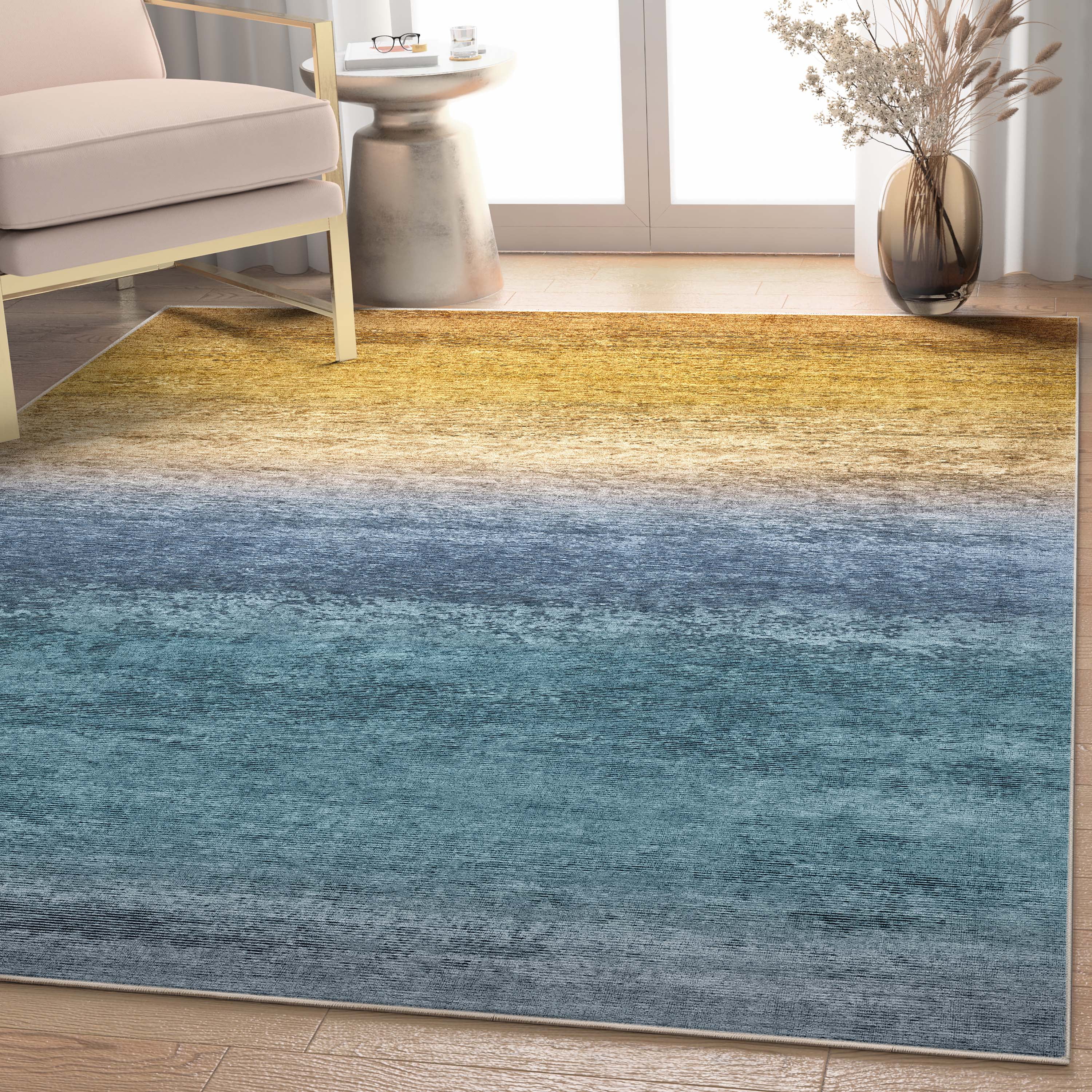 Blue Gold Abstract Gradient Flat-Weave Synthetic 5'3" x 7'3" Area Rug