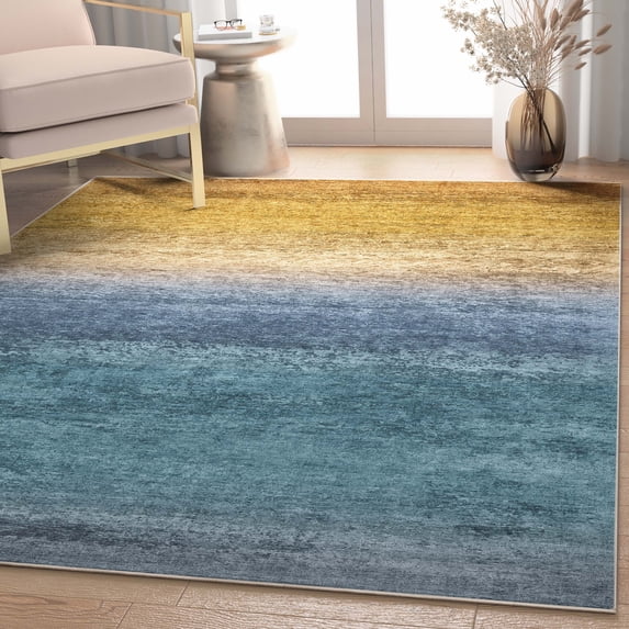 Well Woven Abstract Sunset Modern Vintage Boho Gradient Flat-Weave Blue Gold 7'7" x 9'10" Area Rug