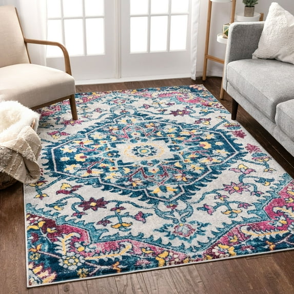 Well Woven Adeline Bohemian Vintage Medallion Blue Multicolor Area Rug 5x7 (5'3" x 7'3")