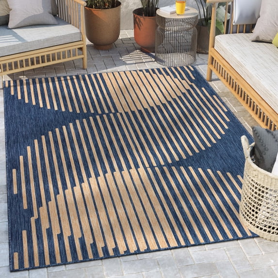 Well Woven Alder Blue Indoor/Outdoor Stripes Circles Geometric Area Rug (5'3" x 7'3")