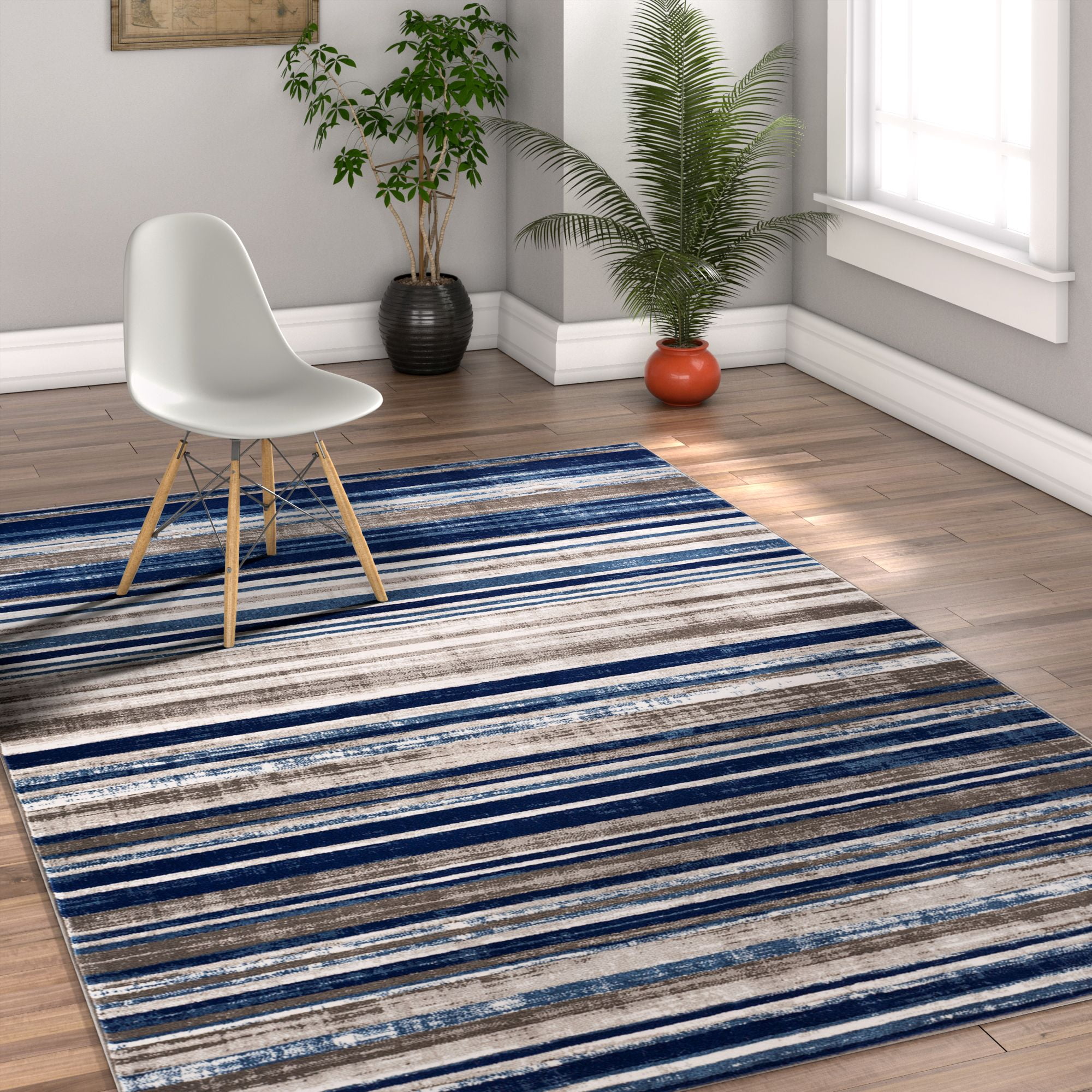 Blue and Beige Striped Synthetic Area Rug, 4' x 5'