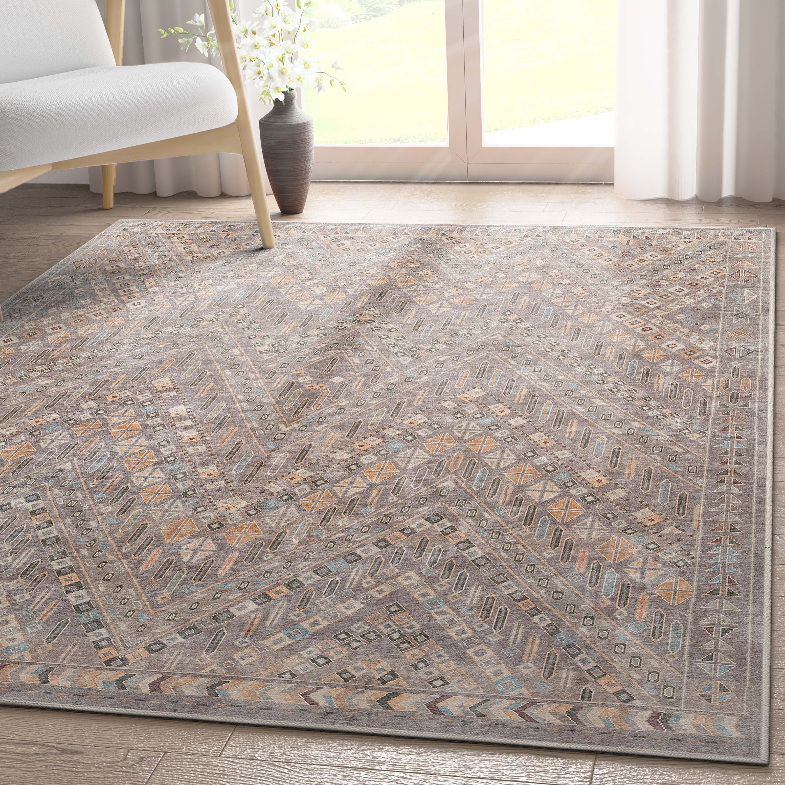 Gray Tribal Pattern Chenille Washable Area Rug 6' x 9'