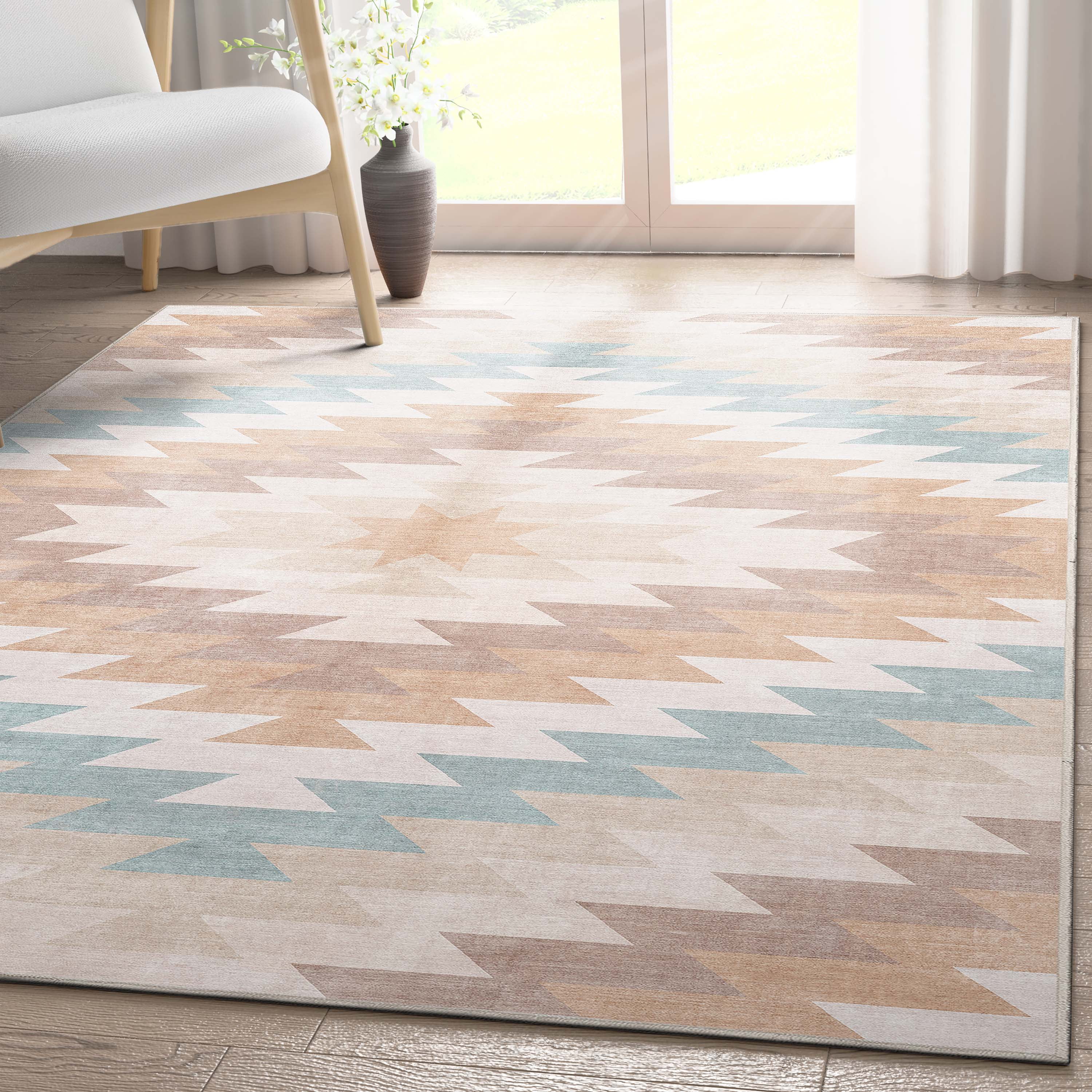 Beige and Blue Southwestern Chenille Rectangular Area Rug 5'3" x 7'3"