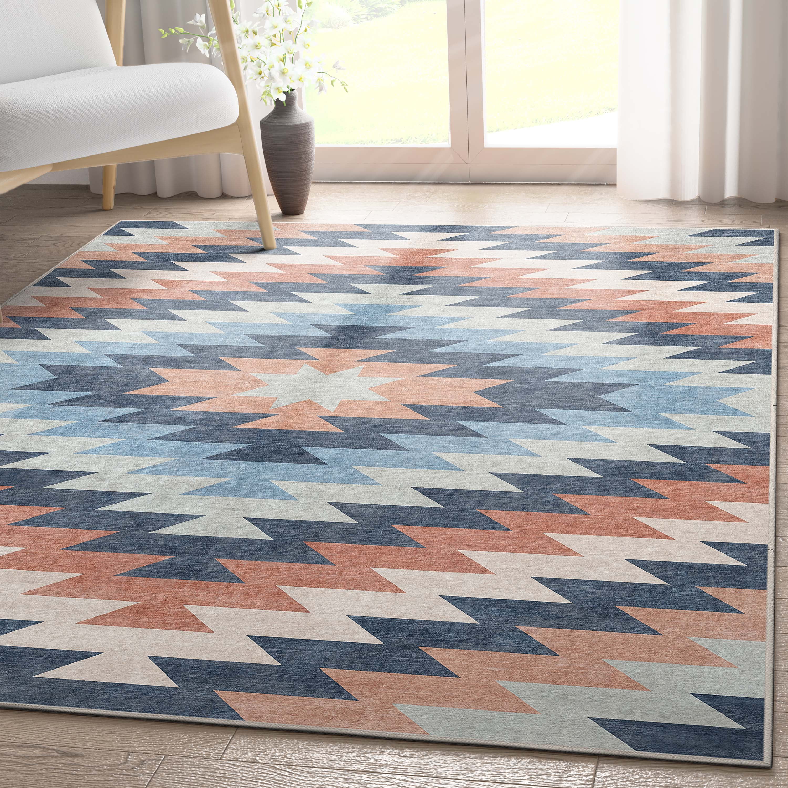 Blue and Orange Southwestern Chenille Area Rug 2'3" x 3'11"