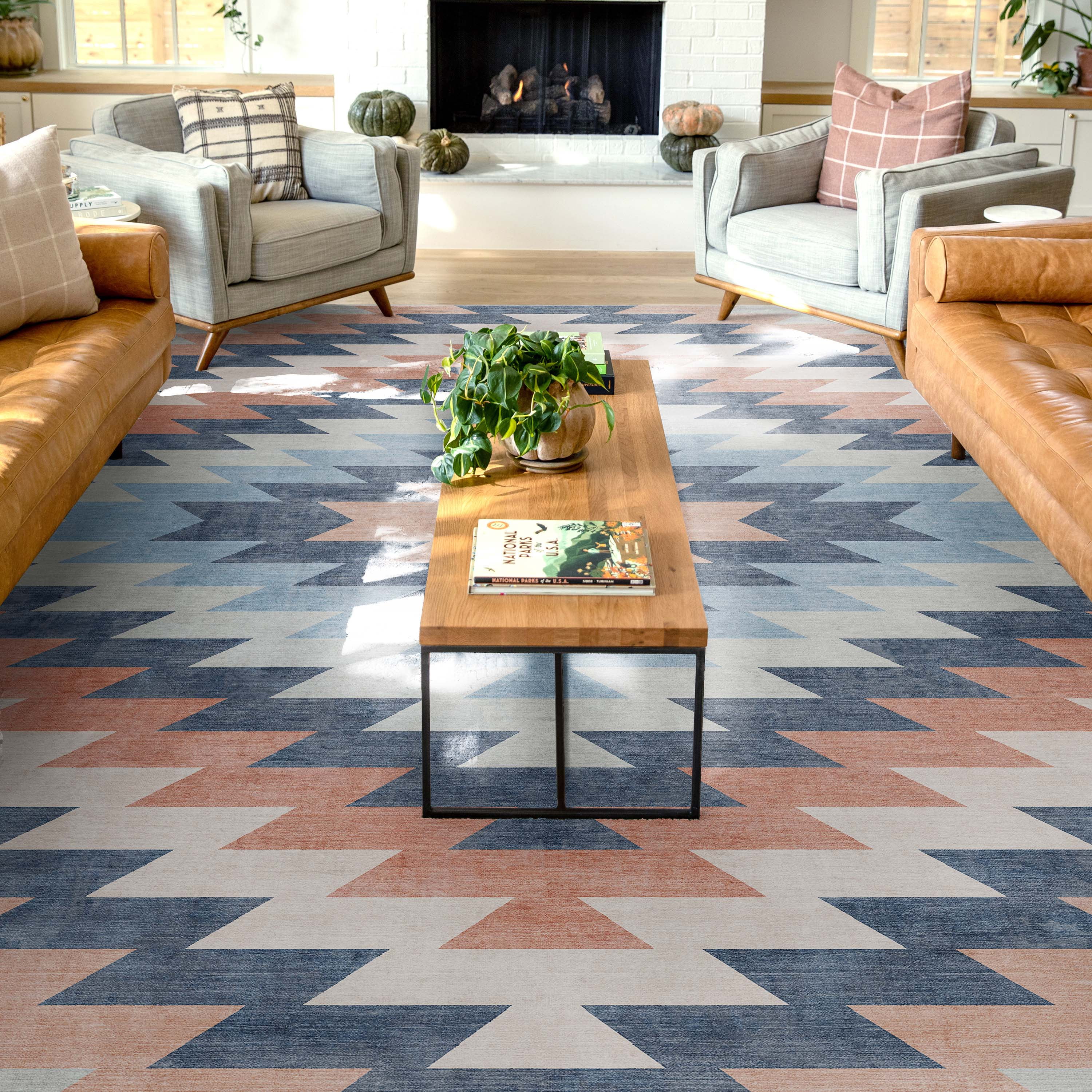 Blue and Coral Southwestern Synthetic Chenille 8' x 10' Area Rug