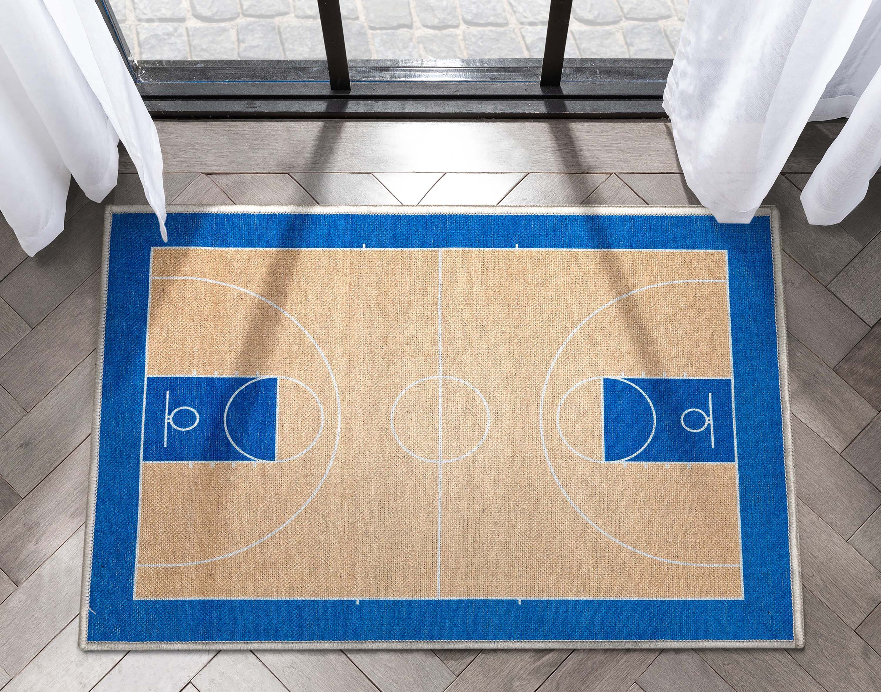 Well Woven Apollo Basketball Sports Court Tan Blue Flat-Weave Easy to Clean 2' x 3' Area Rug